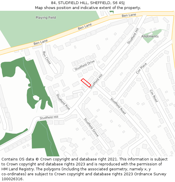 84, STUDFIELD HILL, SHEFFIELD, S6 4SJ: Location map and indicative extent of plot