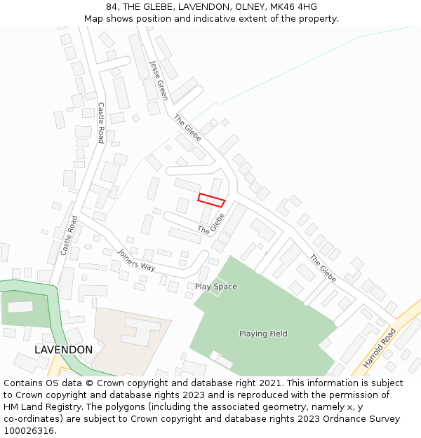 84, THE GLEBE, LAVENDON, OLNEY, MK46 4HG: Location map and indicative extent of plot