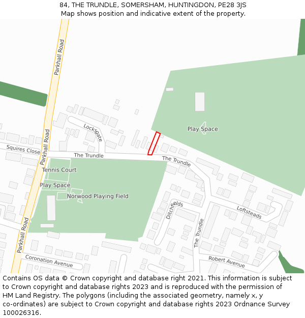 84, THE TRUNDLE, SOMERSHAM, HUNTINGDON, PE28 3JS: Location map and indicative extent of plot
