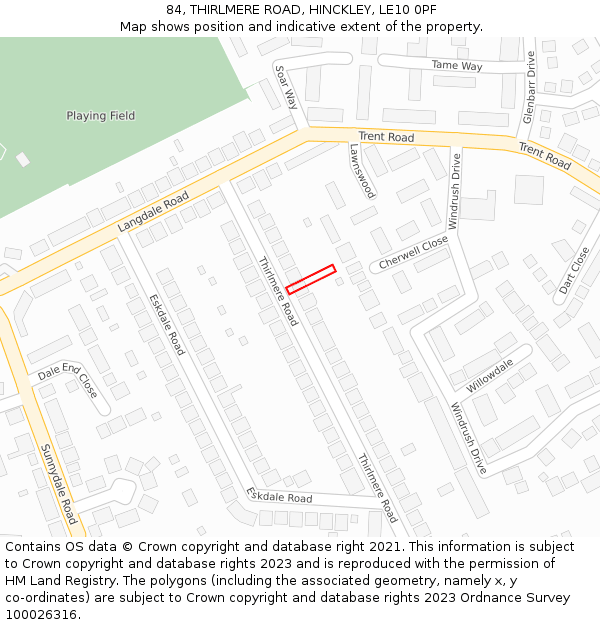 84, THIRLMERE ROAD, HINCKLEY, LE10 0PF: Location map and indicative extent of plot