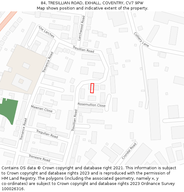 84, TRESILLIAN ROAD, EXHALL, COVENTRY, CV7 9PW: Location map and indicative extent of plot