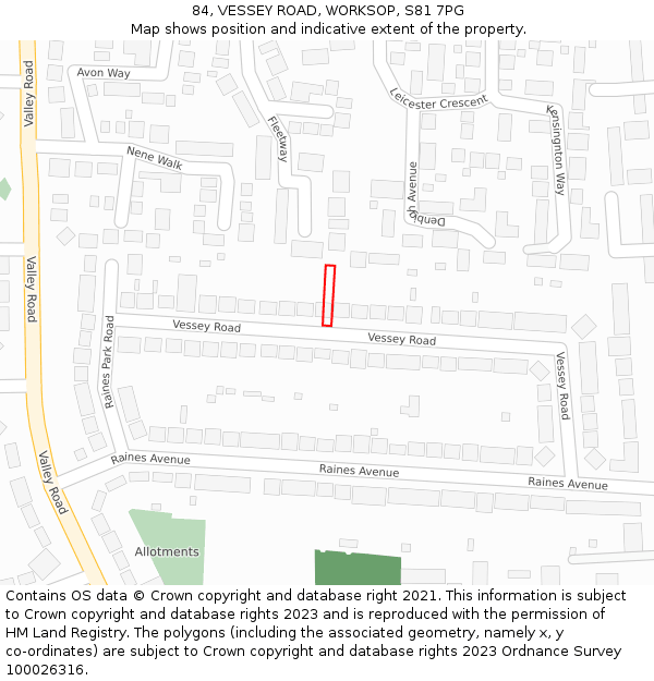 84, VESSEY ROAD, WORKSOP, S81 7PG: Location map and indicative extent of plot