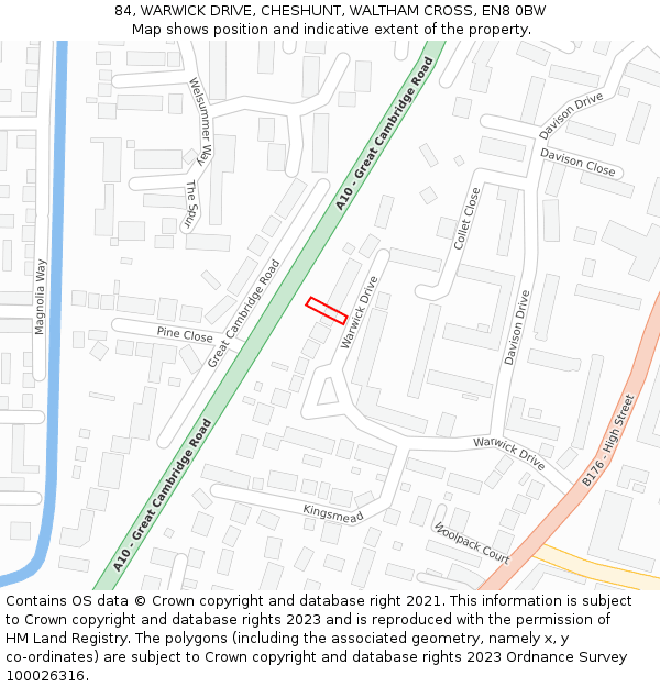 84, WARWICK DRIVE, CHESHUNT, WALTHAM CROSS, EN8 0BW: Location map and indicative extent of plot