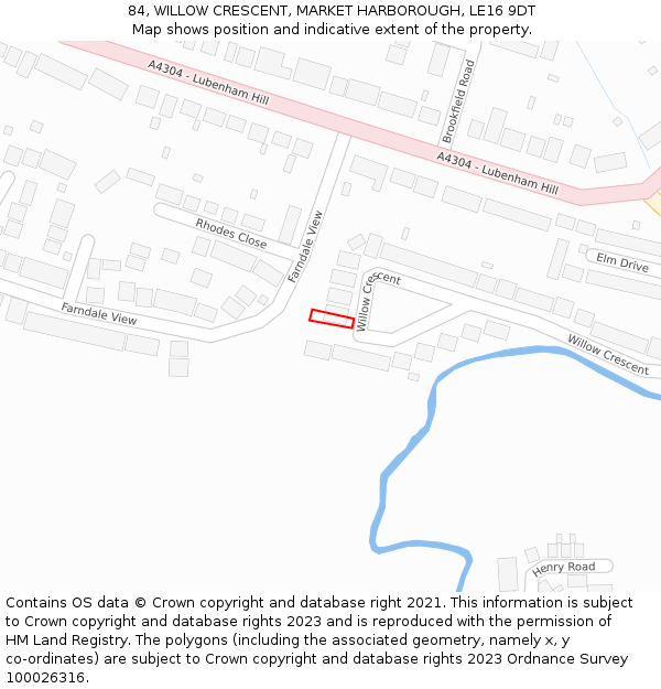 84, WILLOW CRESCENT, MARKET HARBOROUGH, LE16 9DT: Location map and indicative extent of plot