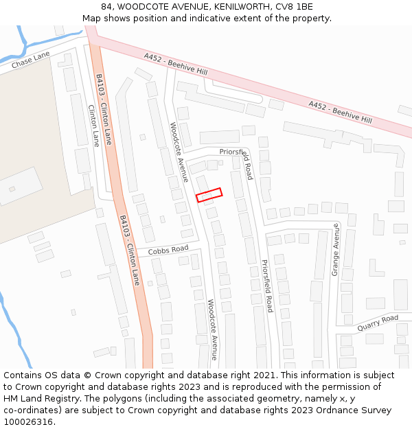 84, WOODCOTE AVENUE, KENILWORTH, CV8 1BE: Location map and indicative extent of plot