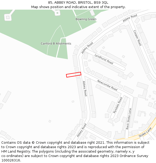 85, ABBEY ROAD, BRISTOL, BS9 3QL: Location map and indicative extent of plot