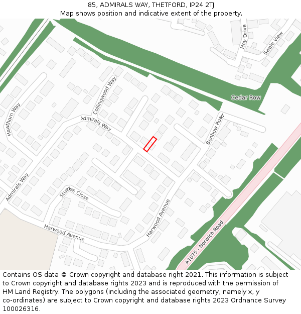 85, ADMIRALS WAY, THETFORD, IP24 2TJ: Location map and indicative extent of plot