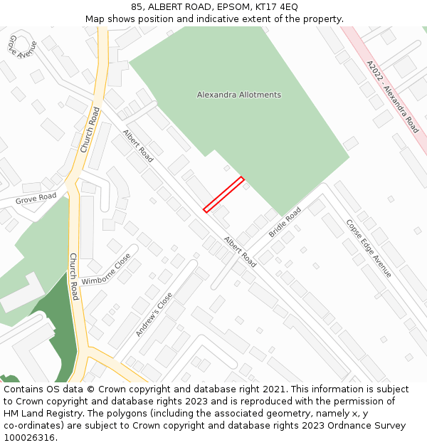 85, ALBERT ROAD, EPSOM, KT17 4EQ: Location map and indicative extent of plot