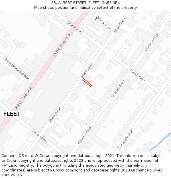 85, ALBERT STREET, FLEET, GU51 3RN: Location map and indicative extent of plot