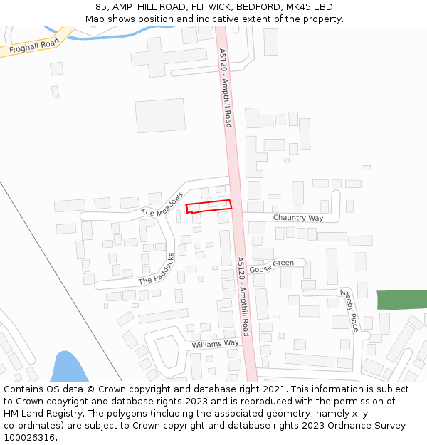 85, AMPTHILL ROAD, FLITWICK, BEDFORD, MK45 1BD: Location map and indicative extent of plot