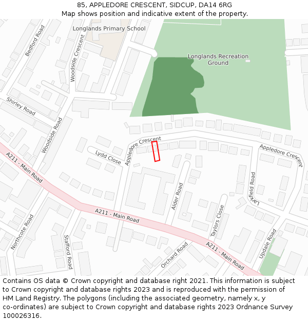 85, APPLEDORE CRESCENT, SIDCUP, DA14 6RG: Location map and indicative extent of plot