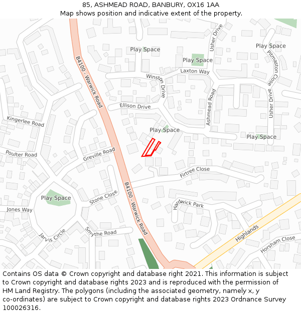 85, ASHMEAD ROAD, BANBURY, OX16 1AA: Location map and indicative extent of plot