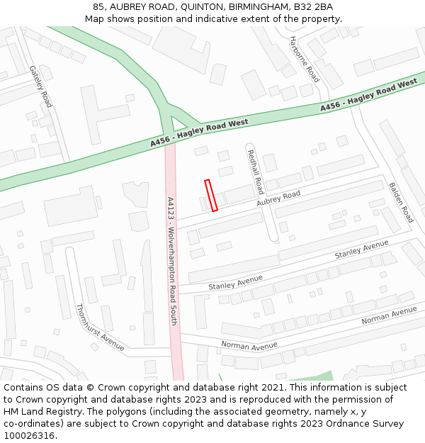 85, AUBREY ROAD, QUINTON, BIRMINGHAM, B32 2BA: Location map and indicative extent of plot