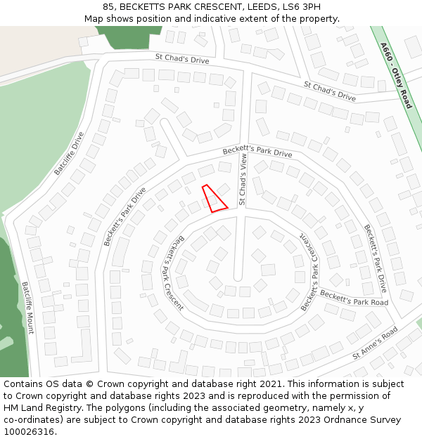 85, BECKETTS PARK CRESCENT, LEEDS, LS6 3PH: Location map and indicative extent of plot