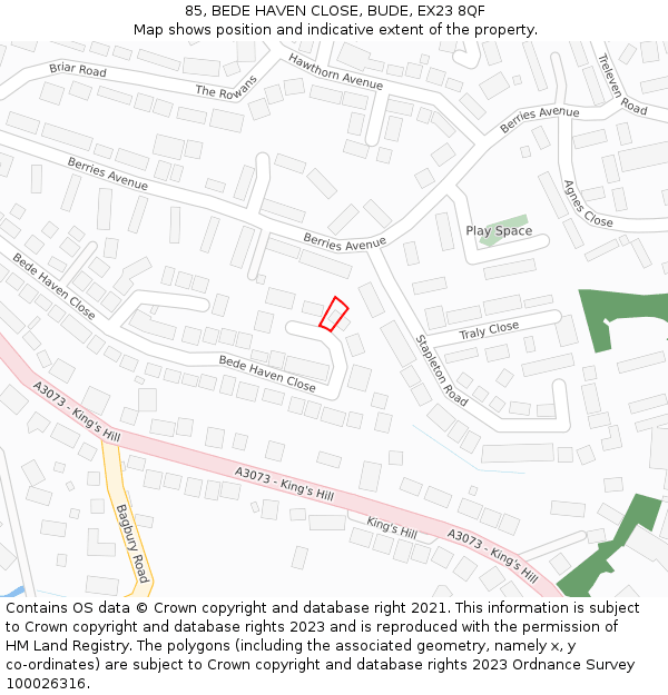 85, BEDE HAVEN CLOSE, BUDE, EX23 8QF: Location map and indicative extent of plot