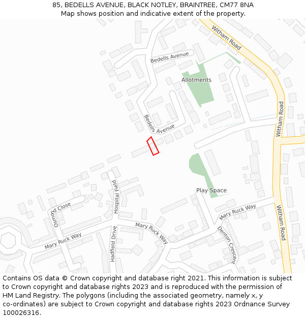 85, BEDELLS AVENUE, BLACK NOTLEY, BRAINTREE, CM77 8NA: Location map and indicative extent of plot