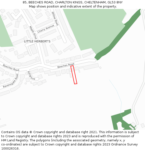 85, BEECHES ROAD, CHARLTON KINGS, CHELTENHAM, GL53 8NY: Location map and indicative extent of plot