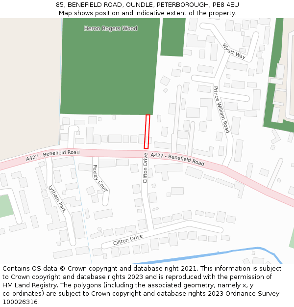 85, BENEFIELD ROAD, OUNDLE, PETERBOROUGH, PE8 4EU: Location map and indicative extent of plot