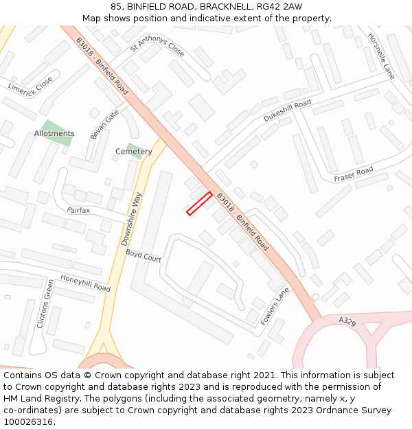 85, BINFIELD ROAD, BRACKNELL, RG42 2AW: Location map and indicative extent of plot