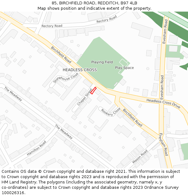 85, BIRCHFIELD ROAD, REDDITCH, B97 4LB: Location map and indicative extent of plot