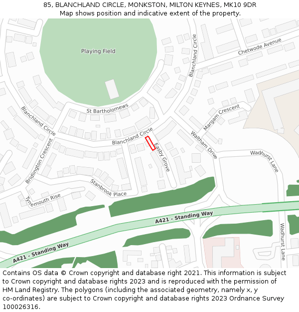 85, BLANCHLAND CIRCLE, MONKSTON, MILTON KEYNES, MK10 9DR: Location map and indicative extent of plot