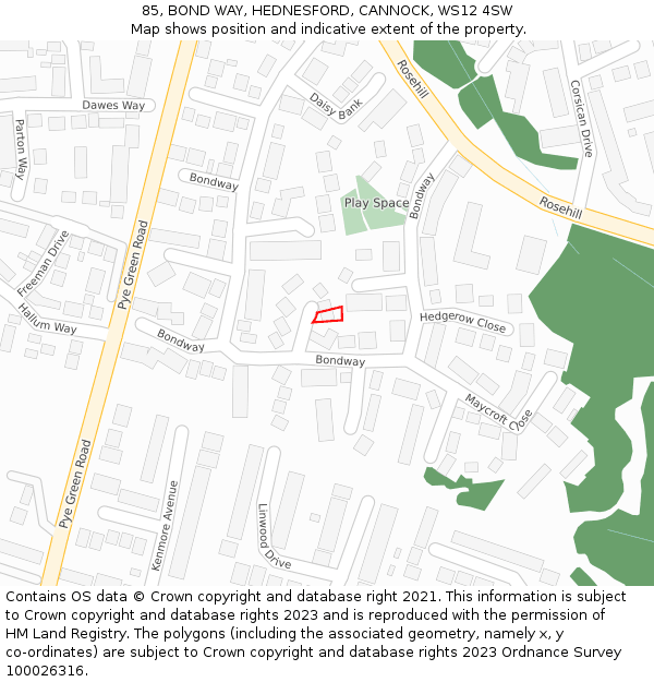 85, BOND WAY, HEDNESFORD, CANNOCK, WS12 4SW: Location map and indicative extent of plot