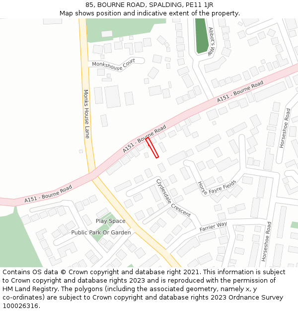 85, BOURNE ROAD, SPALDING, PE11 1JR: Location map and indicative extent of plot