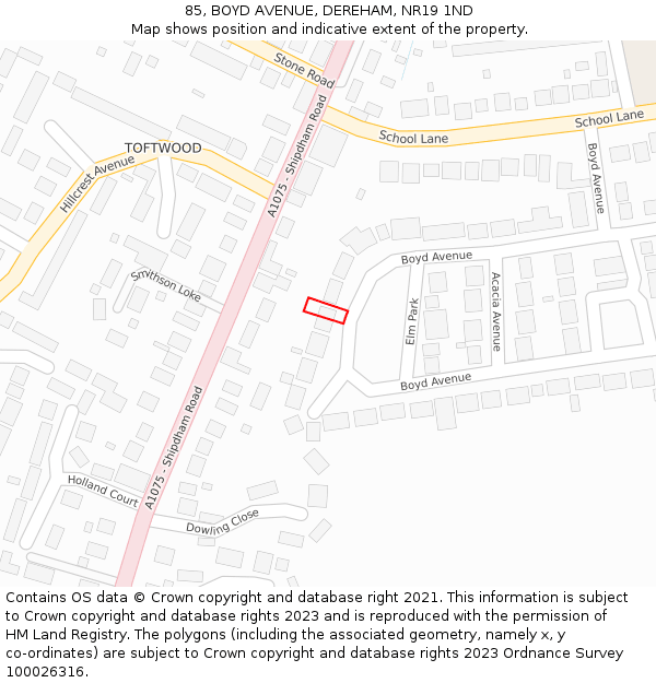 85, BOYD AVENUE, DEREHAM, NR19 1ND: Location map and indicative extent of plot