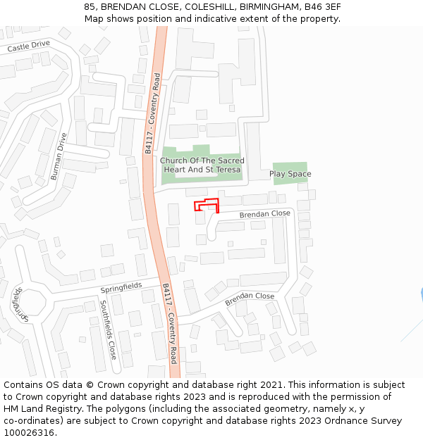 85, BRENDAN CLOSE, COLESHILL, BIRMINGHAM, B46 3EF: Location map and indicative extent of plot