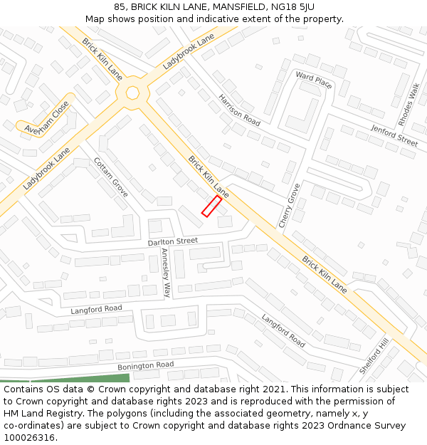 85, BRICK KILN LANE, MANSFIELD, NG18 5JU: Location map and indicative extent of plot