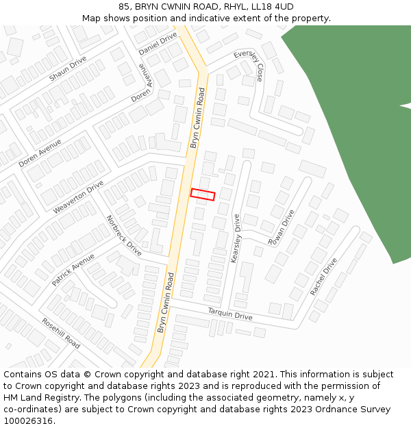 85, BRYN CWNIN ROAD, RHYL, LL18 4UD: Location map and indicative extent of plot