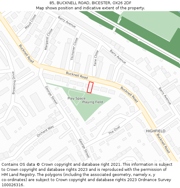 85, BUCKNELL ROAD, BICESTER, OX26 2DF: Location map and indicative extent of plot