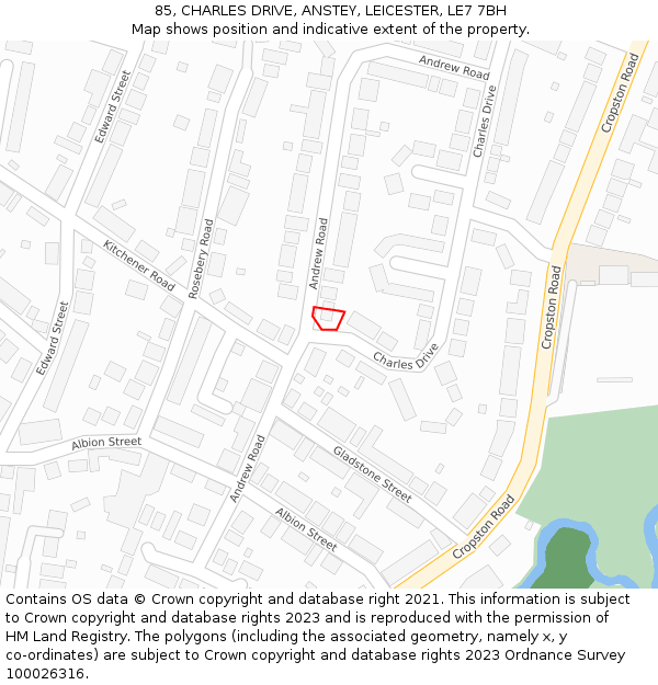 85, CHARLES DRIVE, ANSTEY, LEICESTER, LE7 7BH: Location map and indicative extent of plot