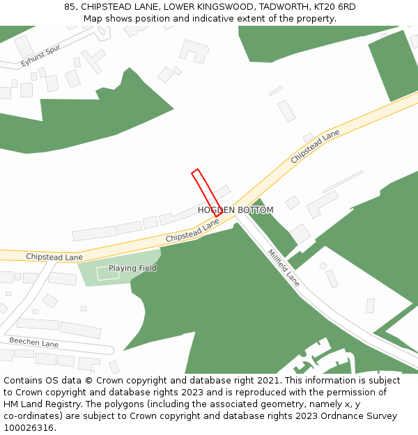 85, CHIPSTEAD LANE, LOWER KINGSWOOD, TADWORTH, KT20 6RD: Location map and indicative extent of plot