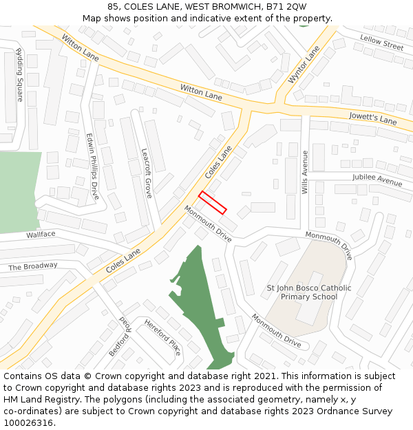 85, COLES LANE, WEST BROMWICH, B71 2QW: Location map and indicative extent of plot