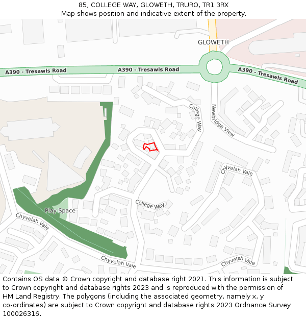 85, COLLEGE WAY, GLOWETH, TRURO, TR1 3RX: Location map and indicative extent of plot