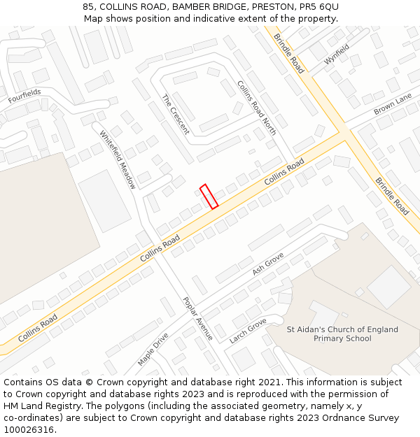 85, COLLINS ROAD, BAMBER BRIDGE, PRESTON, PR5 6QU: Location map and indicative extent of plot