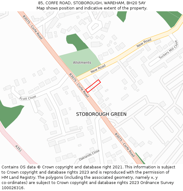 85, CORFE ROAD, STOBOROUGH, WAREHAM, BH20 5AY: Location map and indicative extent of plot