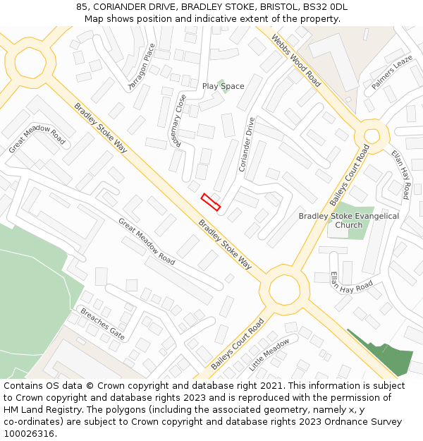 85, CORIANDER DRIVE, BRADLEY STOKE, BRISTOL, BS32 0DL: Location map and indicative extent of plot