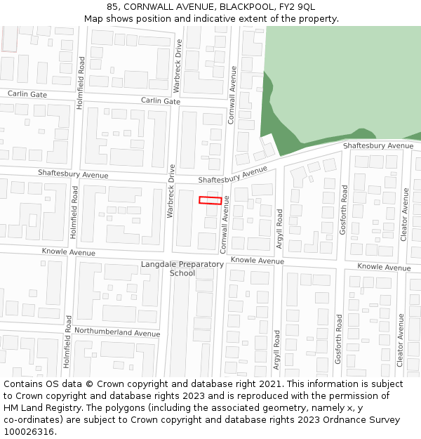 85, CORNWALL AVENUE, BLACKPOOL, FY2 9QL: Location map and indicative extent of plot