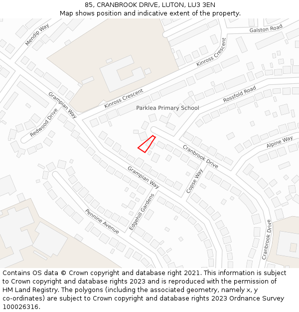85, CRANBROOK DRIVE, LUTON, LU3 3EN: Location map and indicative extent of plot