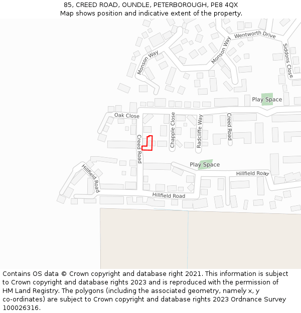 85, CREED ROAD, OUNDLE, PETERBOROUGH, PE8 4QX: Location map and indicative extent of plot