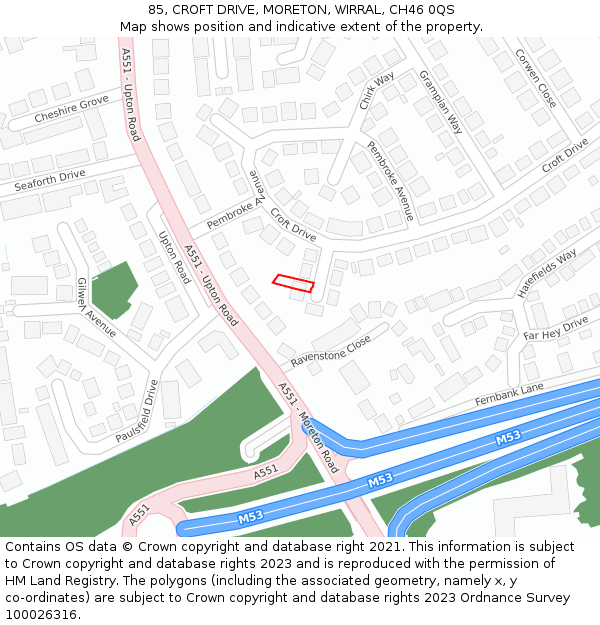 85, CROFT DRIVE, MORETON, WIRRAL, CH46 0QS: Location map and indicative extent of plot