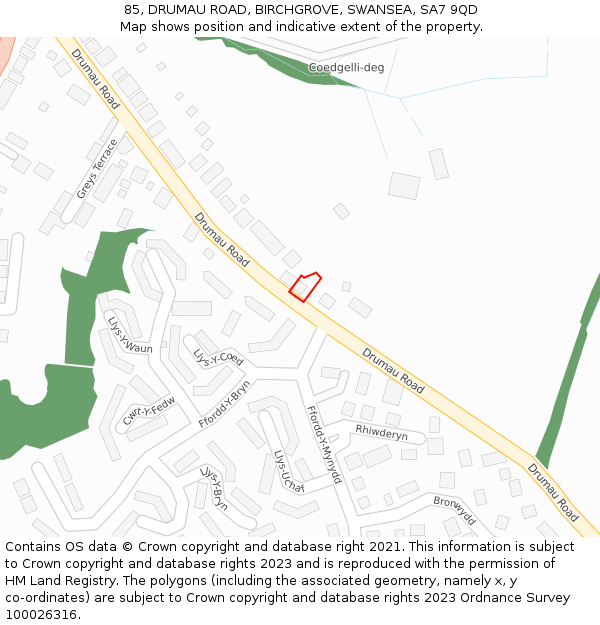 85, DRUMAU ROAD, BIRCHGROVE, SWANSEA, SA7 9QD: Location map and indicative extent of plot