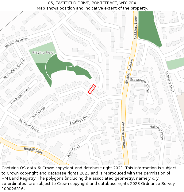 85, EASTFIELD DRIVE, PONTEFRACT, WF8 2EX: Location map and indicative extent of plot