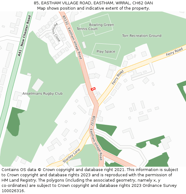 85, EASTHAM VILLAGE ROAD, EASTHAM, WIRRAL, CH62 0AN: Location map and indicative extent of plot