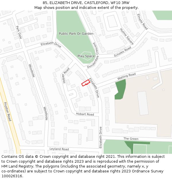 85, ELIZABETH DRIVE, CASTLEFORD, WF10 3RW: Location map and indicative extent of plot