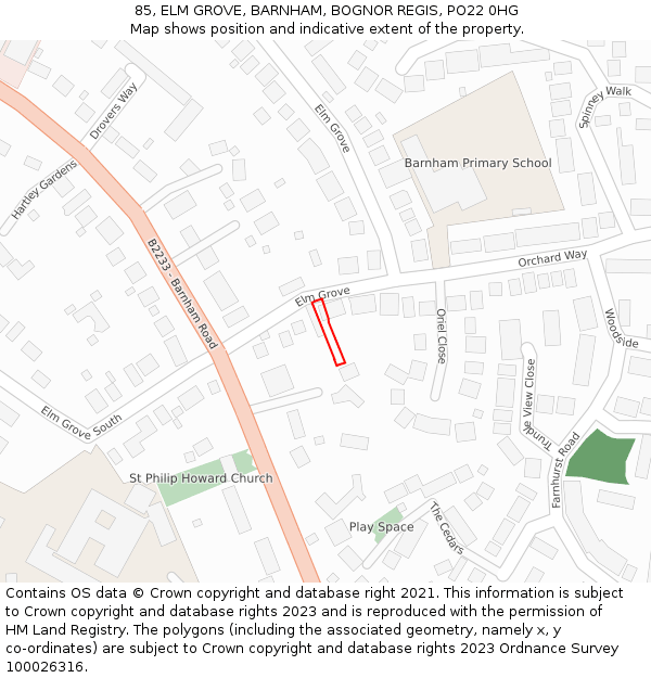 85, ELM GROVE, BARNHAM, BOGNOR REGIS, PO22 0HG: Location map and indicative extent of plot