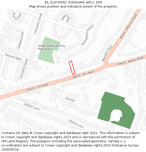 85, ELM ROAD, EVESHAM, WR11 3DR: Location map and indicative extent of plot