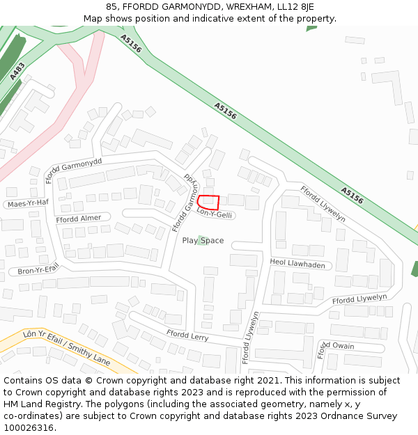 85, FFORDD GARMONYDD, WREXHAM, LL12 8JE: Location map and indicative extent of plot